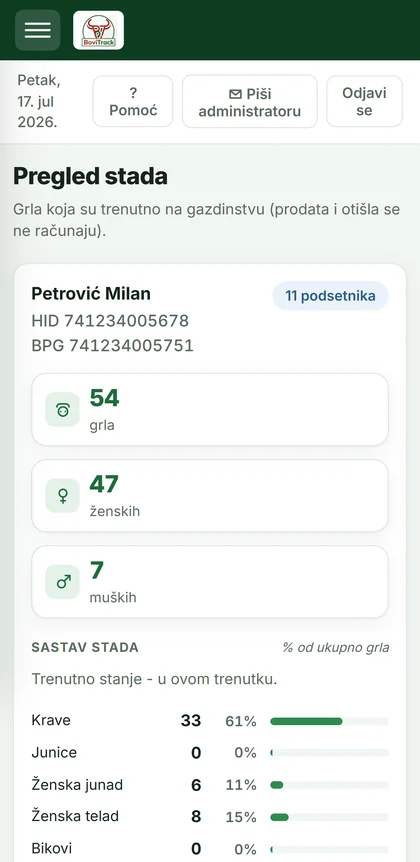 BoviTrack na telefonu - Pregled stada sa brojem grla i podsetnicima